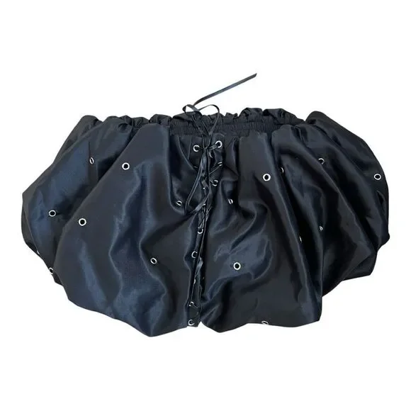 Black Satin Bubble Mini Skirt with Lace-Up Detail Size S - Picture 6 of 8